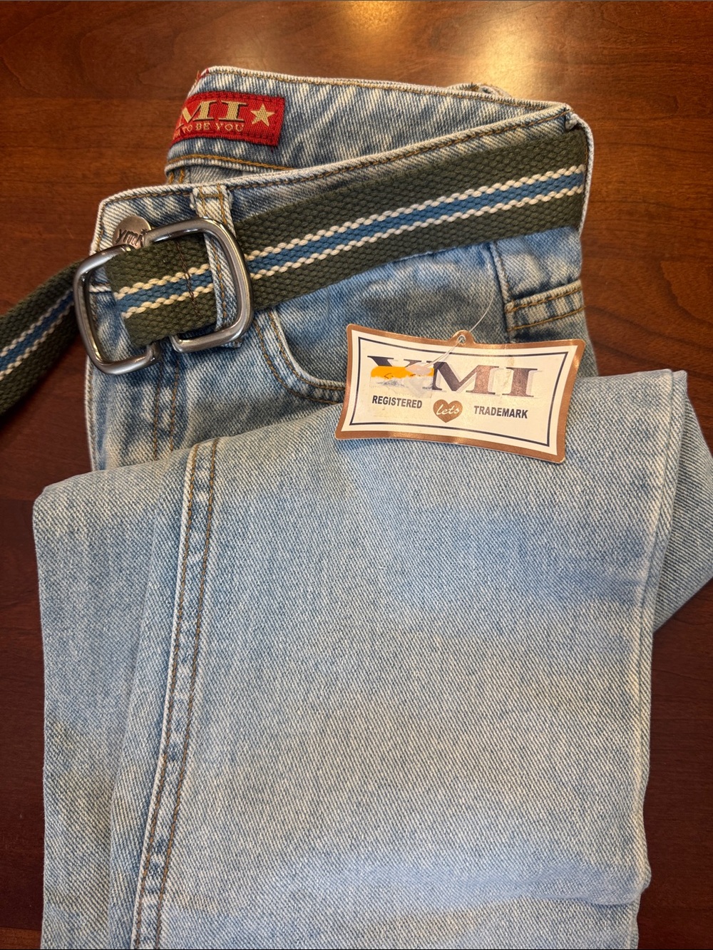 MI Light Blue Flare Jeans with Green Stripe Belt